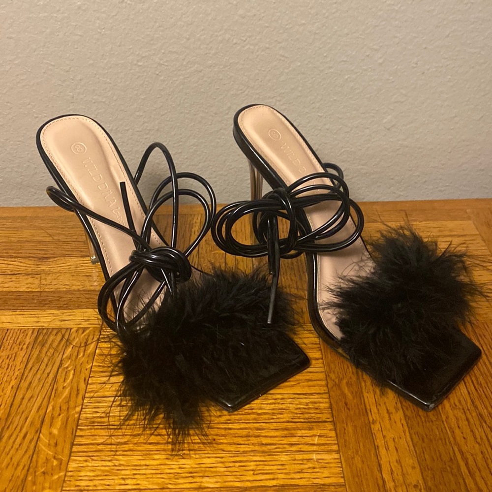 Lace Up Fuzzy Heels